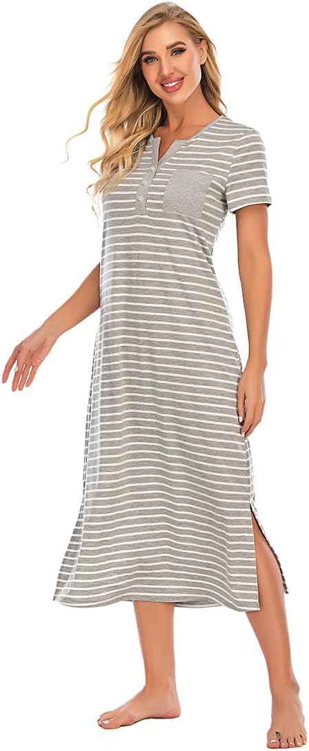 Women's Stripe Cotton Maternity Nursing Nightdress - Image 4