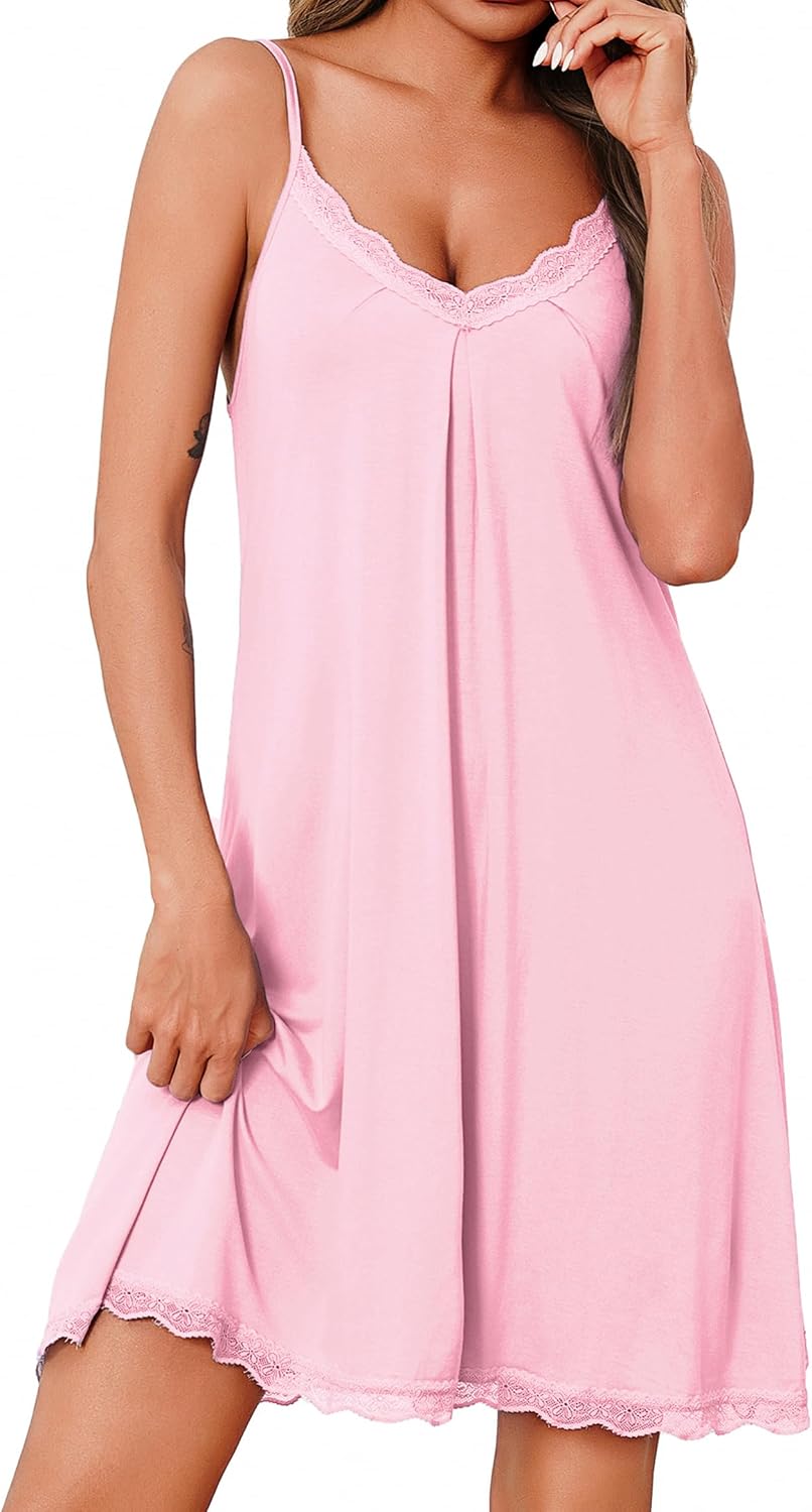 Sleeveless Soft Cotton Nightdress | V-Neck Lace Chemise Spaghetti Strap Sleepwear